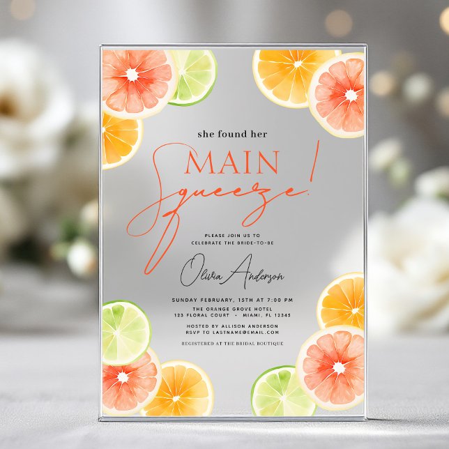 Main Squeeze Citrus Bridal Shower Orange Acrylic Invitations (Creator Uploaded)