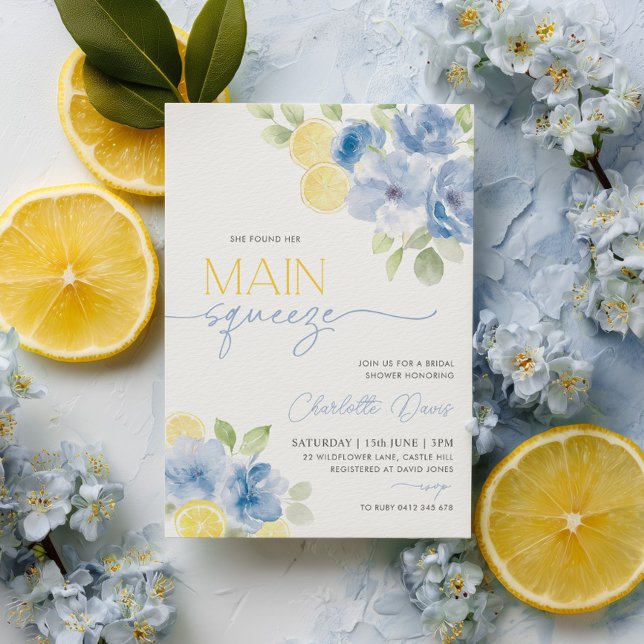 Main Squeeze Citrus Lemon Blue Bridal Shower Invitation (Main Squeeze Blue Lemon Bridal Shower Invitation | Blue Flowers and Lemon Slices)
