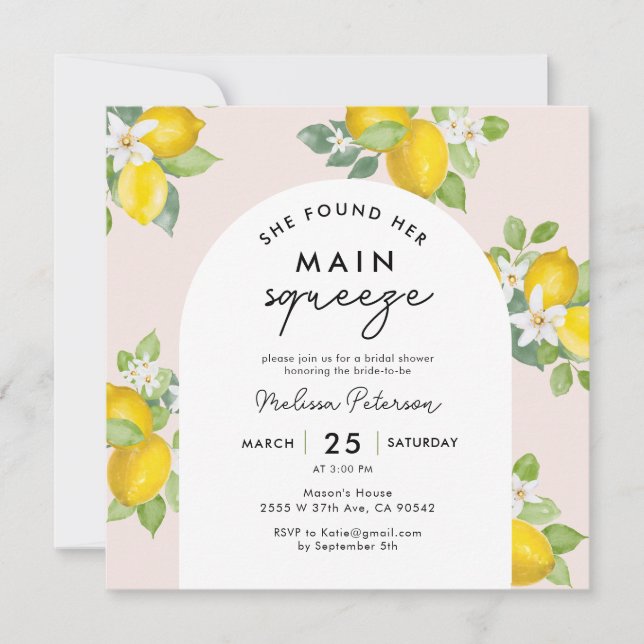 Main Squeeze Citrus Lemon Bridal Shower Square Invitation (Front)