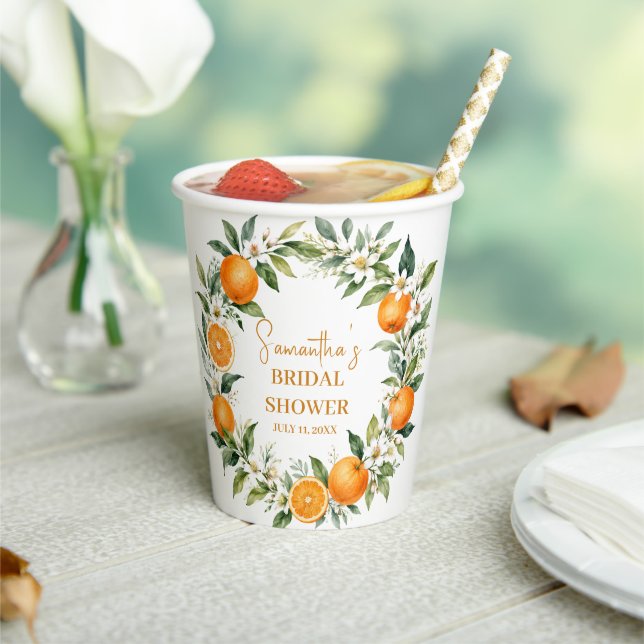 Main Squeeze Citrus Orange Bridal Shower Paper Cups (Insitu)