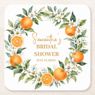 Main Squeeze Citrus Orange Bridal Shower Square Paper Coaster