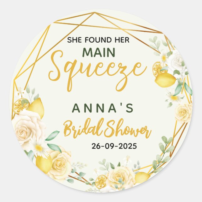 Main Squeeze Elegant Lemon Floral Bridal Shower  Classic Round Sticker (Front)