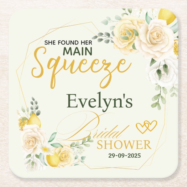 Main Squeeze Elegant Lemon Floral Bridal Shower  Square Paper Coaster (Front)