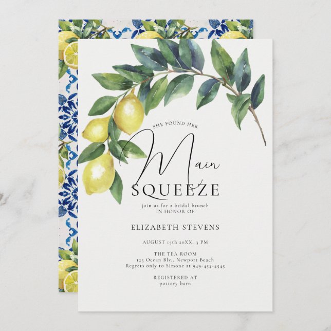 Main Squeeze Lemon Arch Blue Tiles Bridal Shower Invitation (Front/Back)