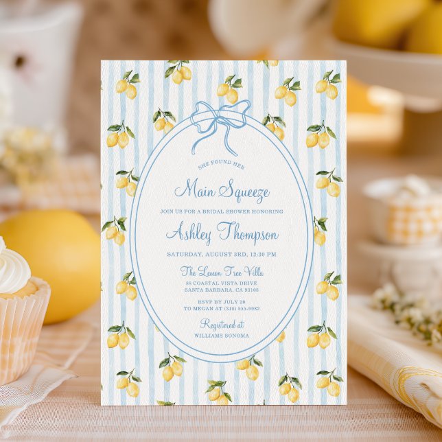 Main Squeeze Lemon Blue Bow Italian Bridal Shower Invitation (Creator Uploaded)