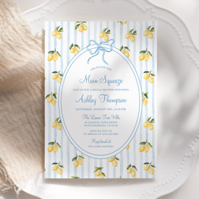 Main Squeeze Lemon Blue Bow Italian Bridal Shower Invitation (Creator Uploaded)