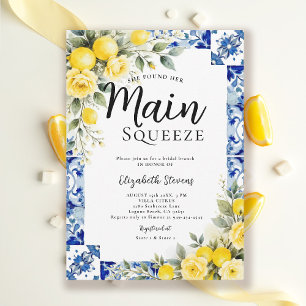 Main Squeeze Lemon Blue Tile Floral Bridal Shower  Invitation