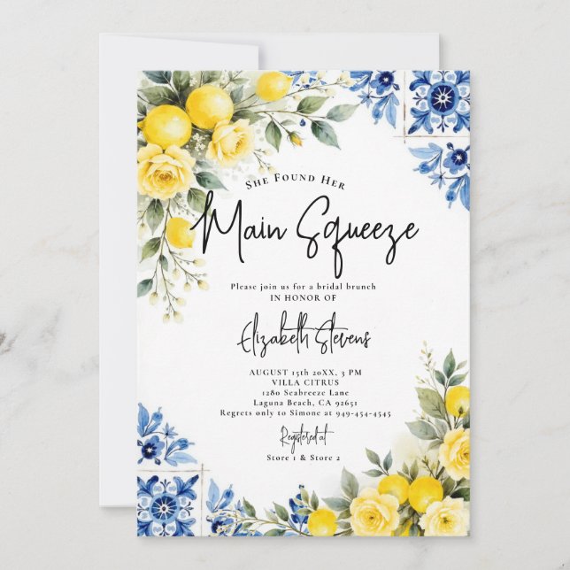 Main Squeeze Lemon Blue Tile Rose 2 Bridal Shower  Invitation (Front)