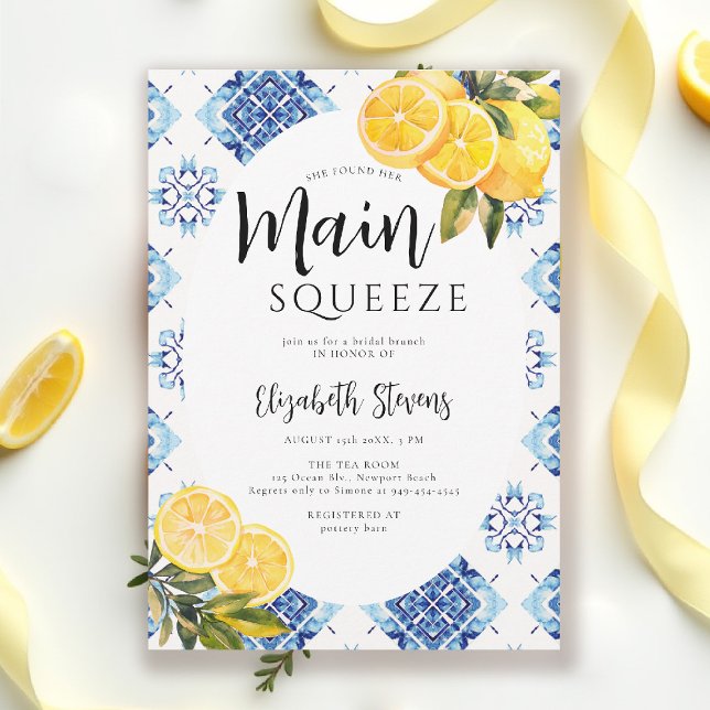 Main Squeeze Lemon Blue Tiles Bright Bridal Shower Invitation (main squeeze bridal shower lemon theme mediterranean italian summer blue tile invitation)