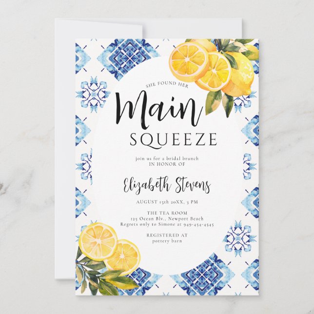 Main Squeeze Lemon Blue Tiles Bright Bridal Shower Invitation (Front)