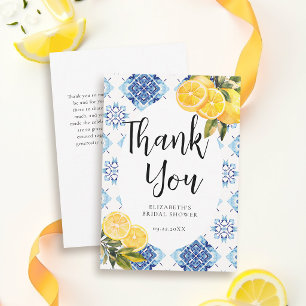Main Squeeze Lemon Blue Tiles Bright Bridal Shower Thank You Card