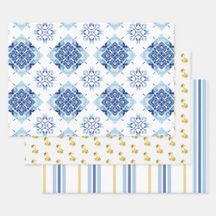 Main Squeeze Lemon Blue Tiles Bright Bridal Shower Wrapping Paper Sheet
