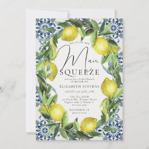 Main Squeeze Lemon Blue Tiles Modern Bridal Shower Invitation