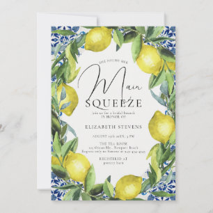 Main Squeeze Lemon Blue Tuscany Tile Bridal Shower Invitation