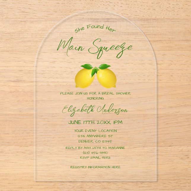 Main Squeeze Lemon Bridal Shower Acrylic Invitations (Front)