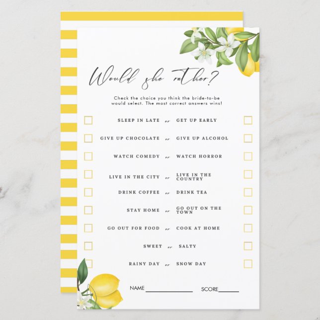 Main Squeeze Lemon Bridal Shower Games  (Front/Back)