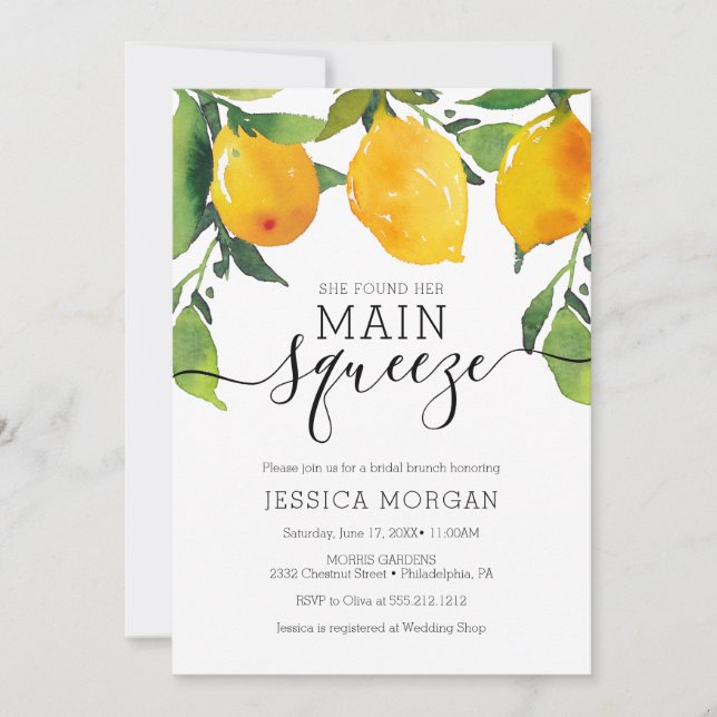 Main Squeeze Lemon Bridal Shower Invitation Card (Front)