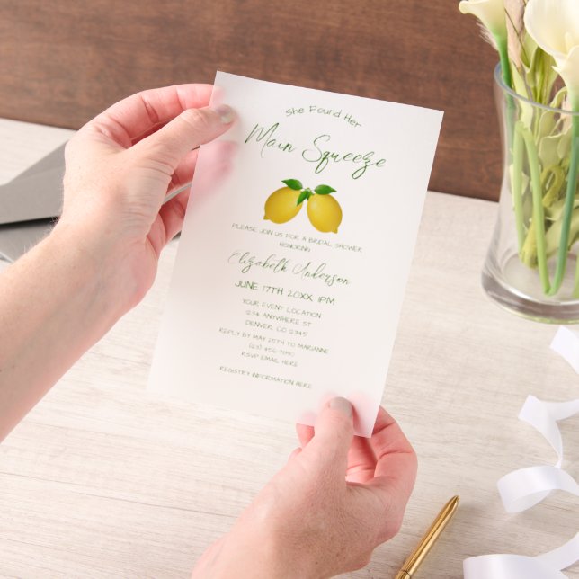 Main Squeeze Lemon Bridal Shower Vellum Invitations (Handheld)