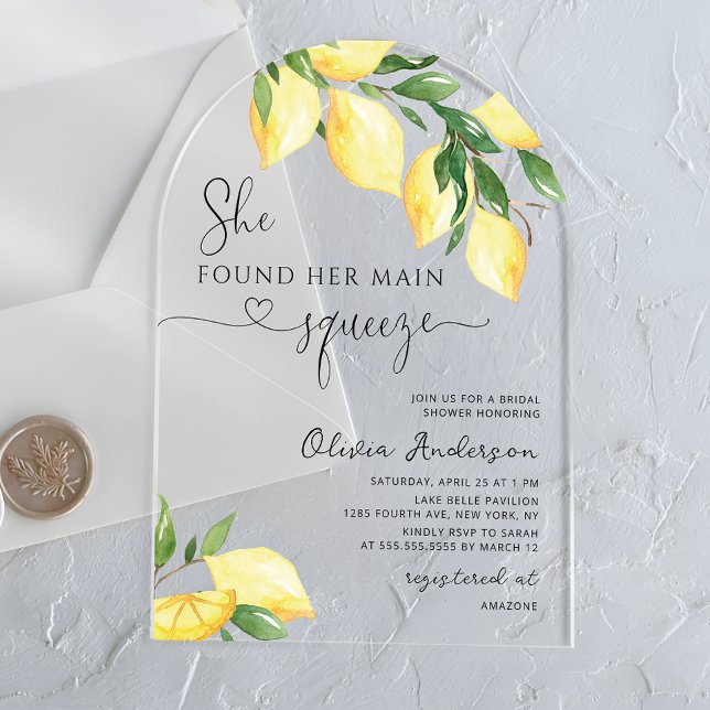 Main Squeeze Lemon Citrus Bridal Shower Acrylic Invitations (Creator Uploaded)
