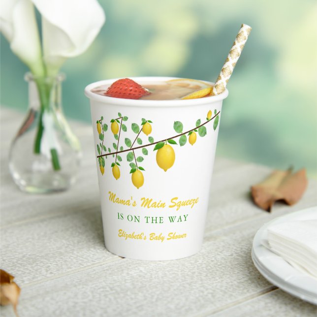 Main Squeeze Lemon Gender Neutral Baby Shower Paper Cups (Insitu)