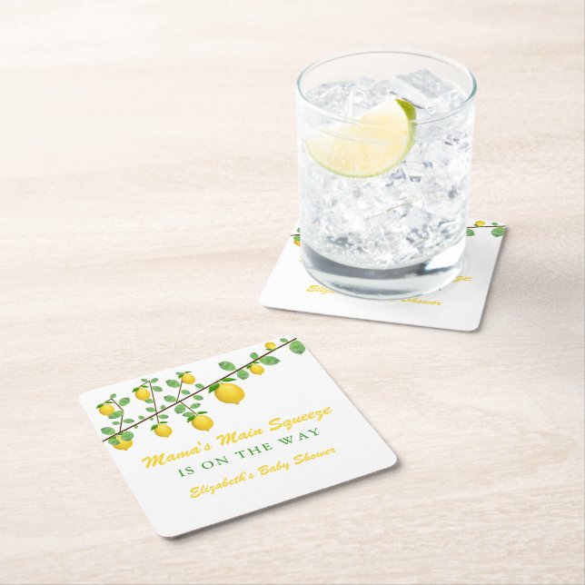 Main Squeeze Lemon Gender Neutral Baby Shower Square Paper Coaster (Insitu)