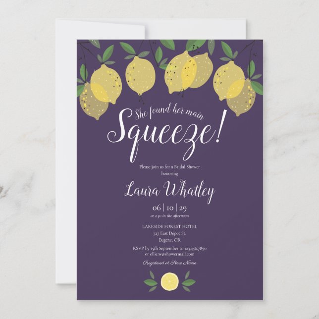 Main Squeeze Lemon Purple Bridal Shower Invitation (Front)