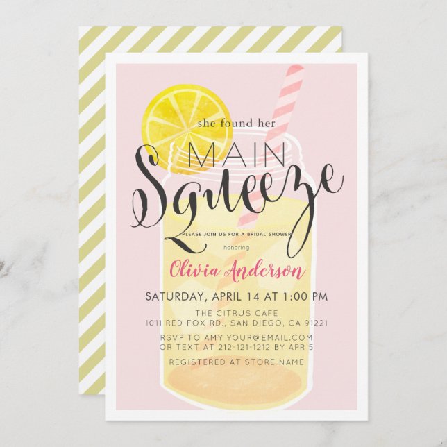Main Squeeze Lemonade Mason Jar Pink Bridal Shower Invitation (Front/Back)