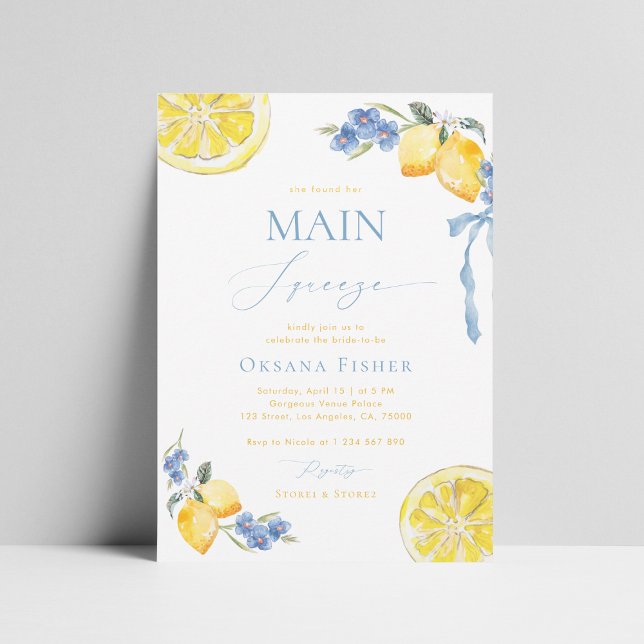 Main Squeeze Lemons Blue Italian Bridal Shower Invitation (Creator Uploaded)