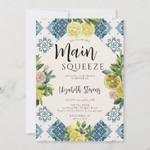Main Squeeze Lemons Roses Blue Tiles Bridal Shower Invitation