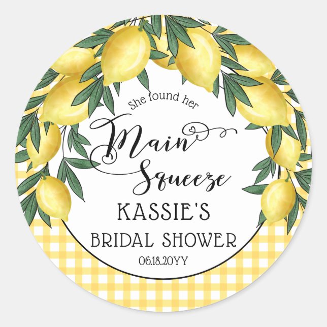 Main Squeeze Lemons Tropical Bridal Shower Classic Round Sticker (Front)