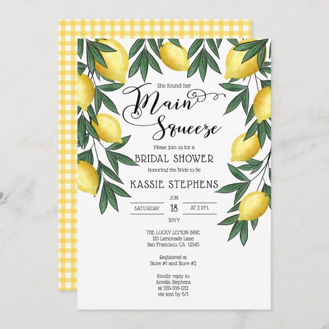 Main Squeeze Lemons Tropical Bridal Shower Invitat Invitation (Front/Back)