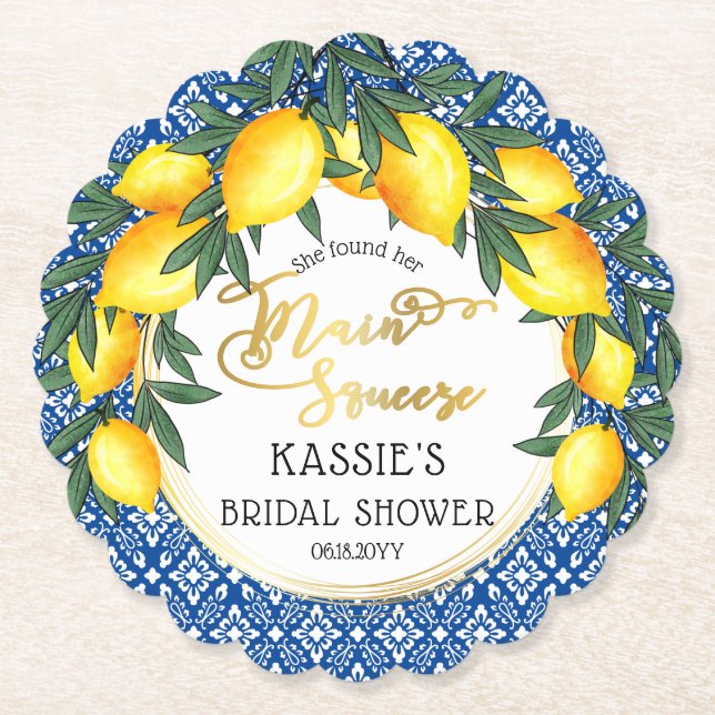 Main Squeeze Lemons Tropical Bridal Shower  Paper Coaster (Front)