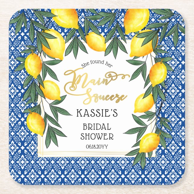 Main Squeeze Lemons Tropical Bridal Shower Square Paper Coaster (Front)
