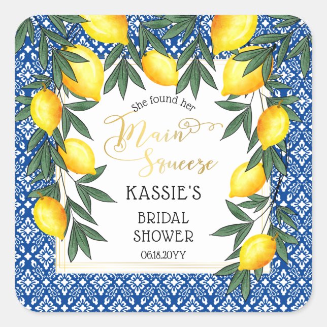 Main Squeeze Lemons Tropical Bridal Shower Square Sticker (Front)