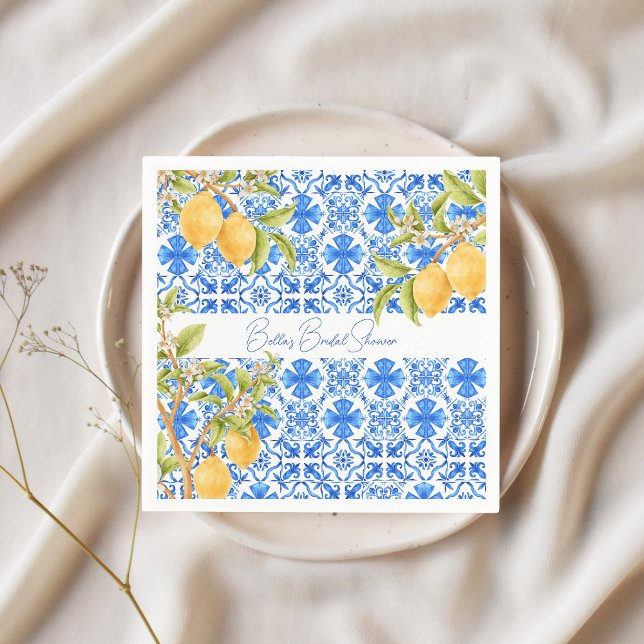 Main Squeeze Mediterranean Tiles Lemons Bridal Napkin (Blue Tiles Main Squeeze Lemons Bridal Shower napkins)