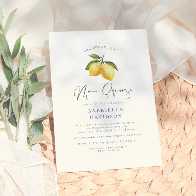 Main Squeeze Modern Watercolor Lemon Bridal Shower Invitation (Creator Uploaded)