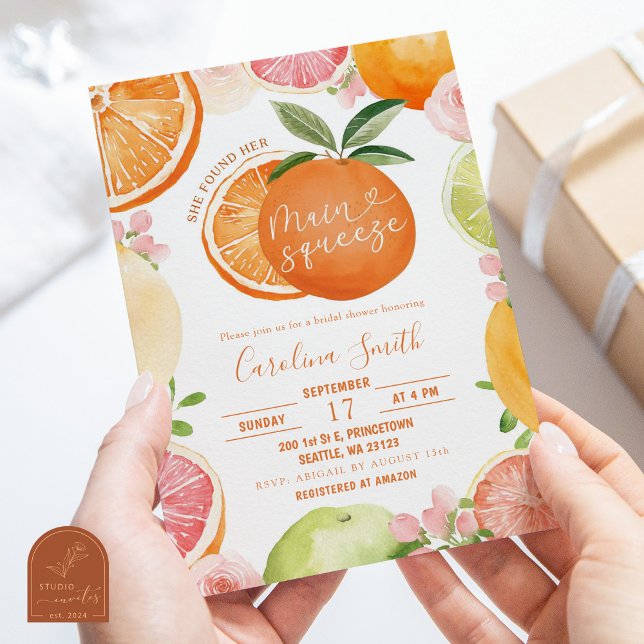 Main Squeeze Orange Citrus Bridal Shower Invitation (Creator Uploaded)