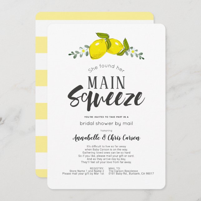 Main Squeeze Simple Lemon Bridal Shower by Mail Invitation (Front/Back)