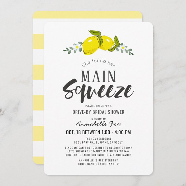 Main Squeeze Simple Lemon Drive-by Bridal Shower Invitation (Front/Back)