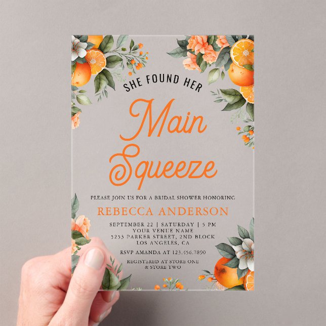 Main Squeeze Tangerine Orange Citrus Bridal Shower Acrylic Invitations (Insitu (Handheld))