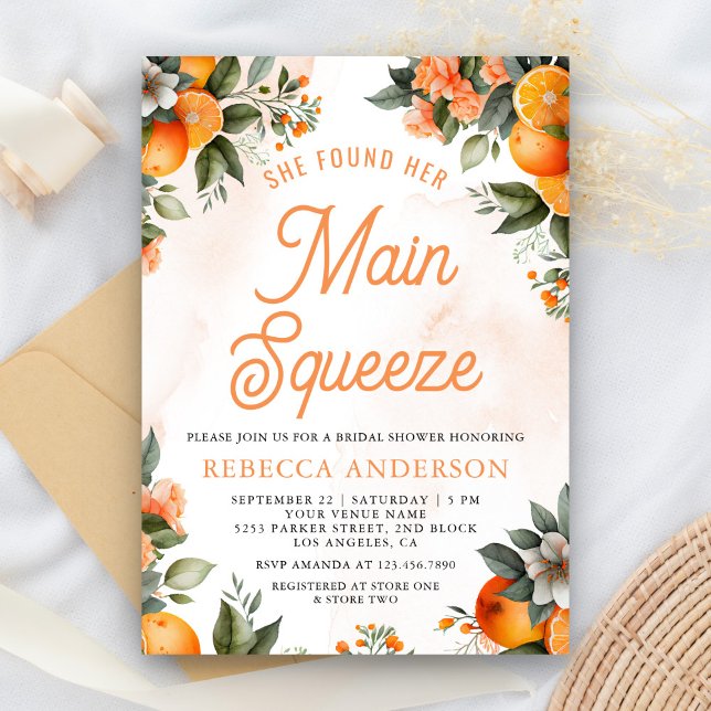 Main Squeeze Tangerine Orange Citrus Bridal Shower Invitation (Creator Uploaded)