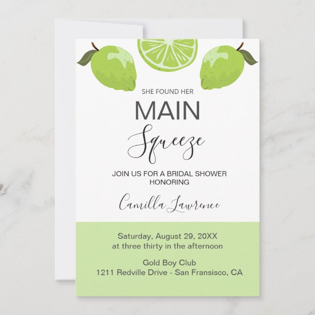 Main Squeeze Tropical Citrus Green Bridal Shower  Invitation (Front)