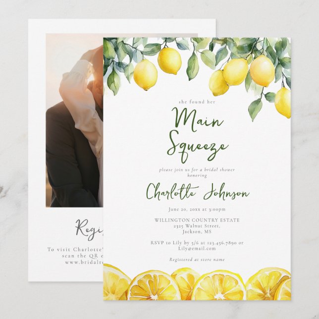 Main Squeeze Watercolor Photo QR Bridal Shower Invitation (Front/Back)