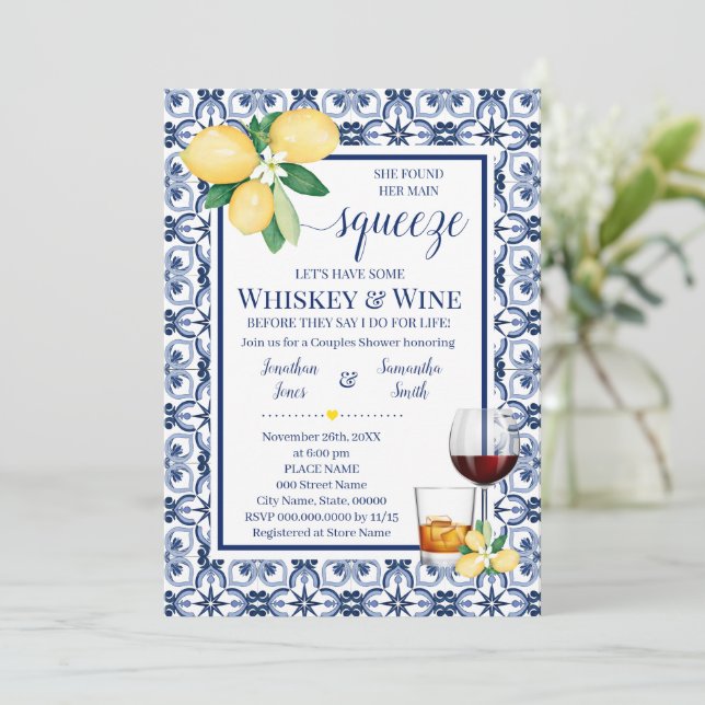 Main Squeeze Whiskey & Wine Mediterranean Shower Invitation (Standing Front)