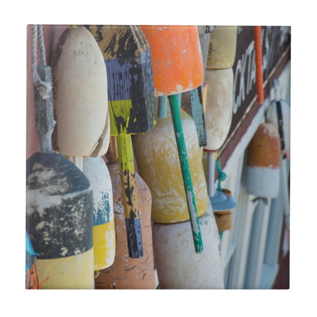 Maine, Bar Harbour. Colourful lobster trap buoys Ceramic Tile (Front)