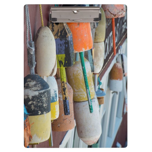 Maine, Bar Harbour. Colourful lobster trap buoys Clipboard (Front)