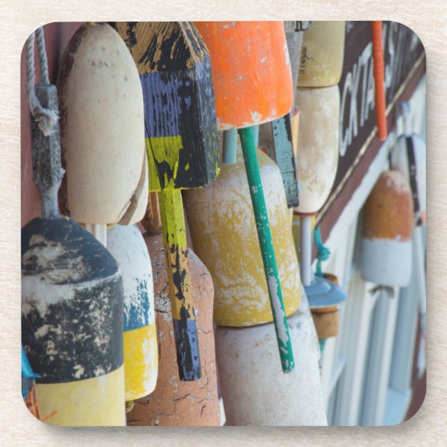 Maine, Bar Harbour. Colourful lobster trap buoys Coaster (Front)