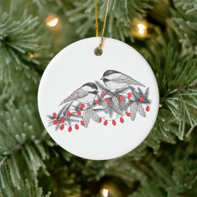 Maine Chickadee Bird Pen and Ink Christmas Holiday Ceramic Ornament (Tree)
