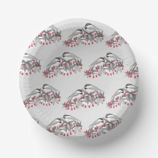 Maine Chickadee Bird Winter Christmas Holiday Snow Paper Plate (Front)