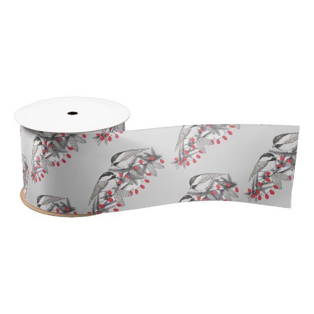 Maine Chickadee Bird Winter Christmas Holiday Snow Satin Ribbon (Spool)